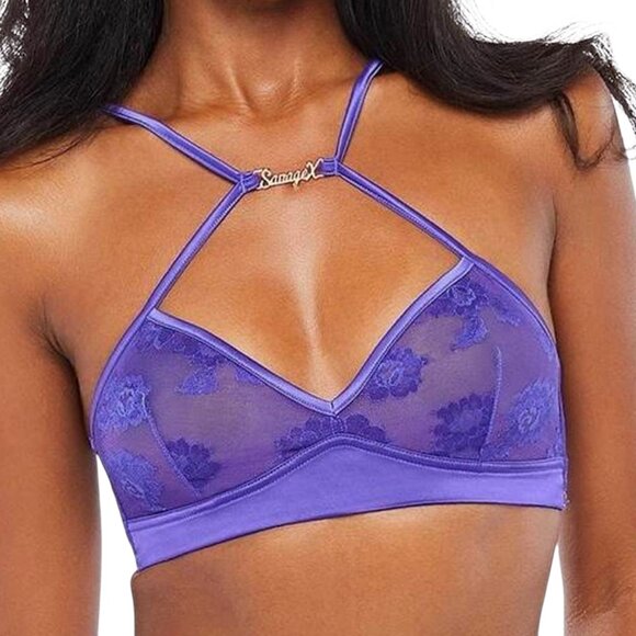 Savage X Fenty Strap Up Lace Bralette Bra 2X Taboo Blue Logo Sexy Romantic - Picture 3 of 11